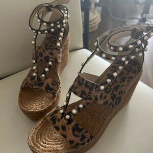 New Jimmy Choo-Danica Wedge-Leopard Suede Print with Pearls & Studs- Size 41 1/2